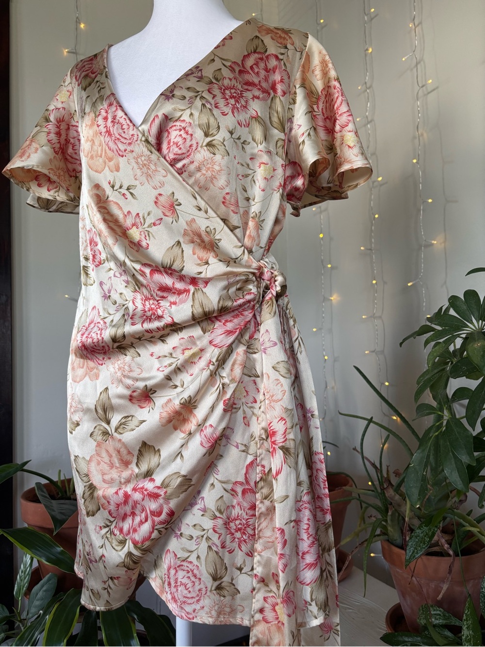 Dress Forum Floral Satin Wrap Mini Dress Romantic Cottagecore Tie Waist S
